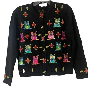 JACK B QUICK Vtg long sleeved black multi-colored Owl beaded design Sweater Sz S
